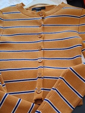 Forever 21 Mustard & Navy Striped Ribbed Button Cardigan